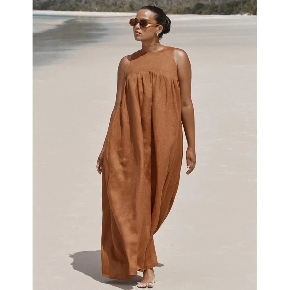 DISSH Linen Maxi Dress 6 Teracotta Minimalist Quiet Luxury Natural Earthy Boho - Picture 9 of 9